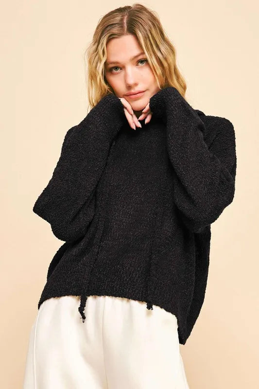 Drop Shoulder Hooded Long Sleeve Sweater in Black detail