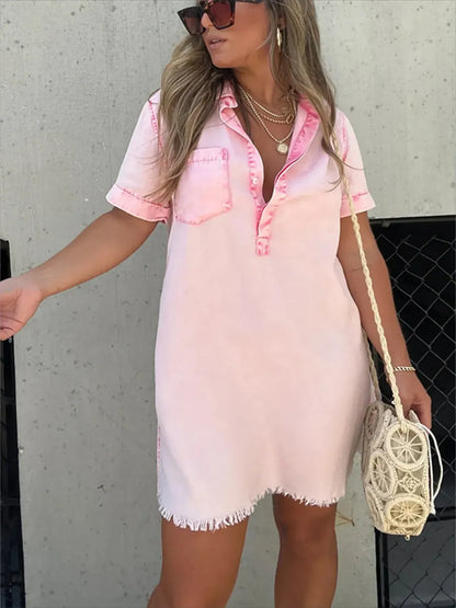 Full Size Raw Hem Short Sleeve Denim Dress Plus Size - Fashorio