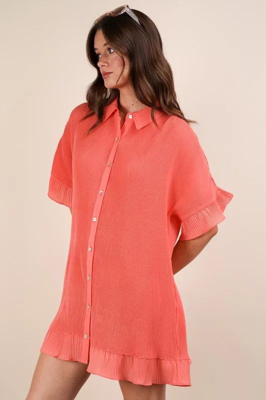 Pleated Button Down Mini Dress in Orange detail