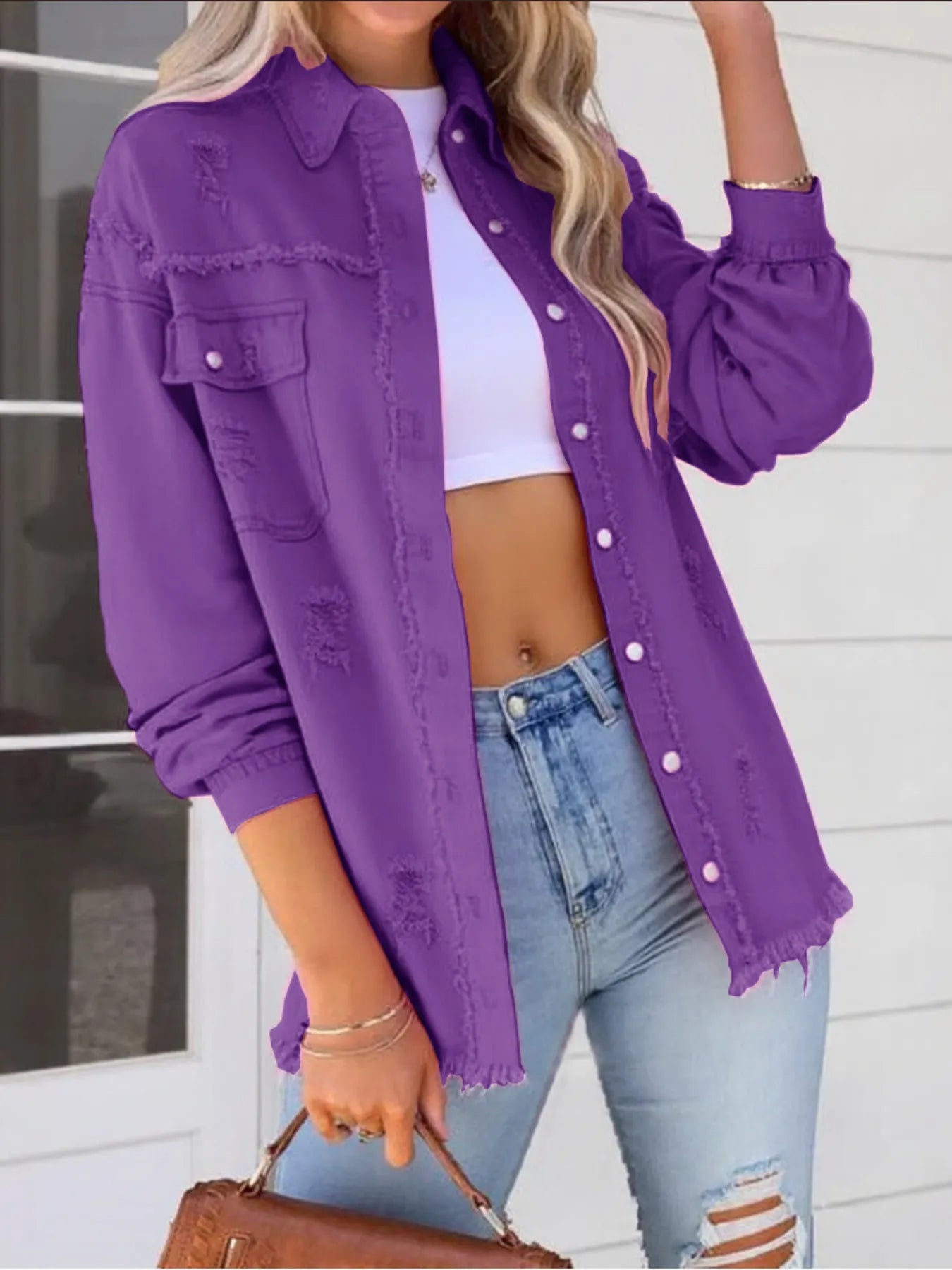 Distressed Denim Jacket with Frayed Edges Dark Purple - Fashorio