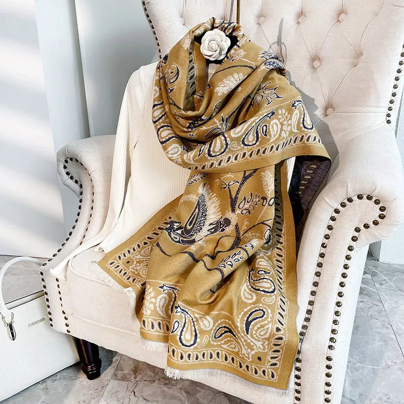 Printed scarf styled over a jacket