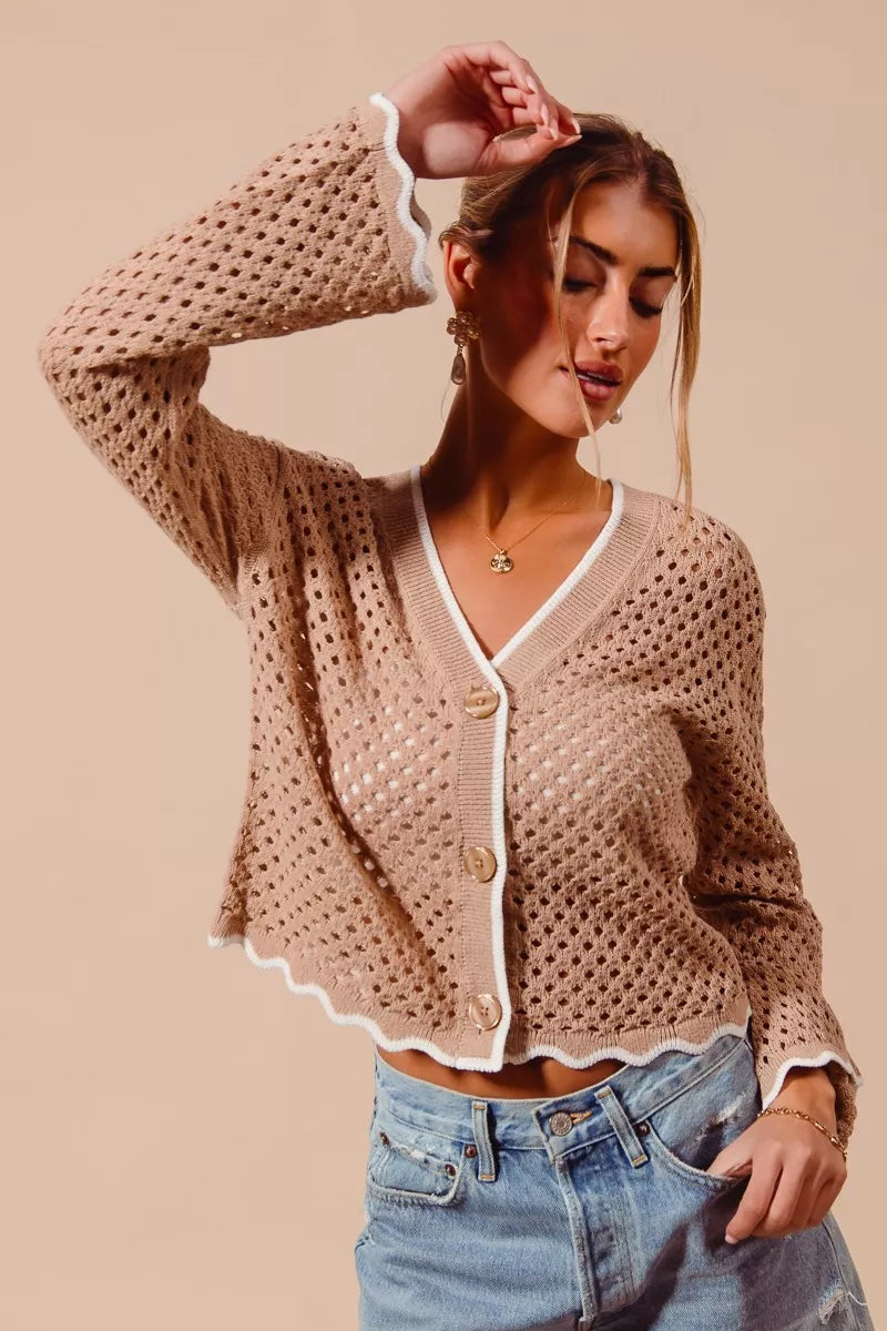 Open knit scallop edge cardigan full outfit