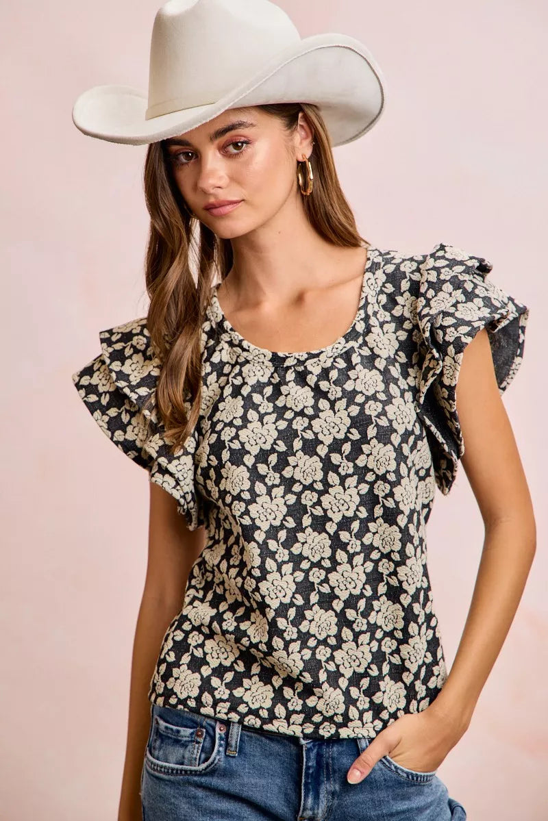 Black and grey woven floral pattern detail