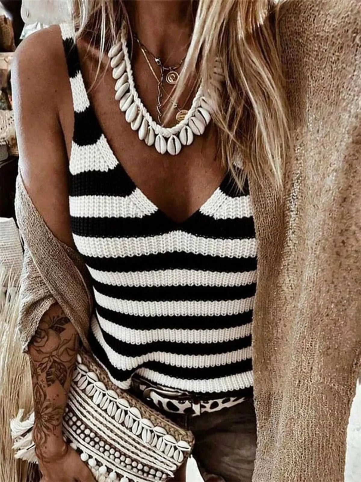 Striped V neck tank back view
