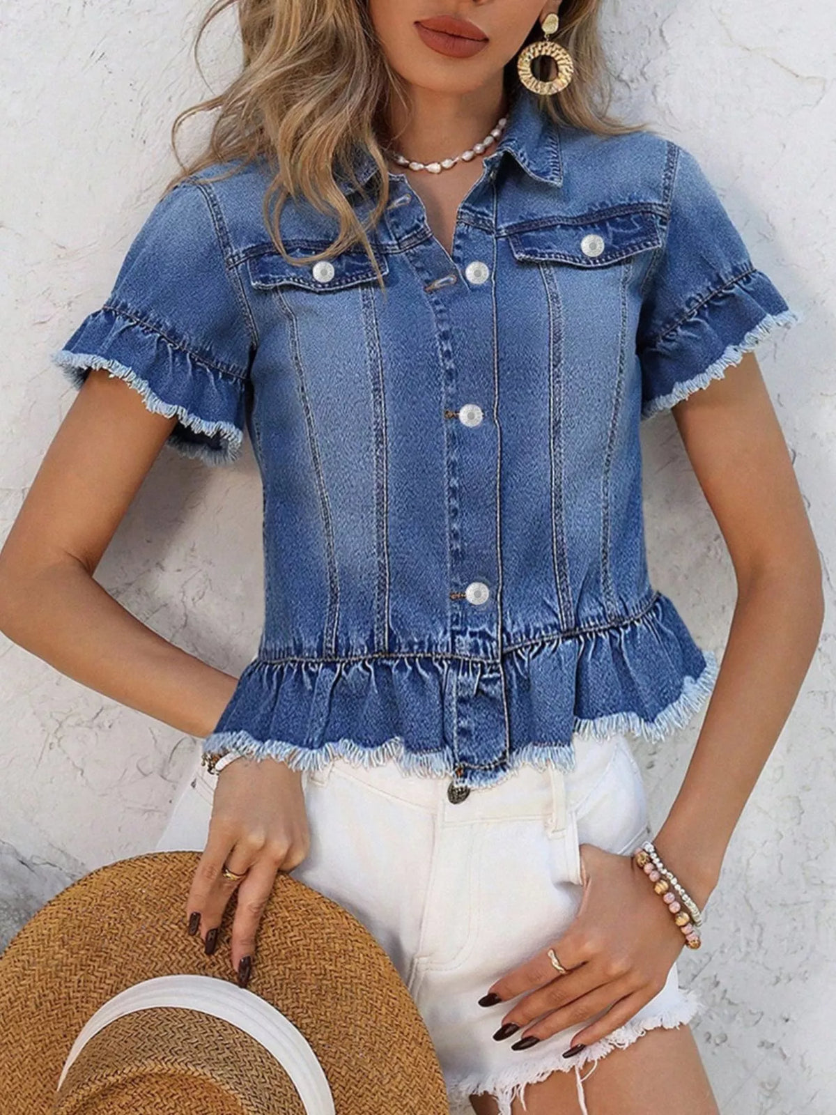 Ruffle Hem Short Sleeve Denim Jacket in Blue detail