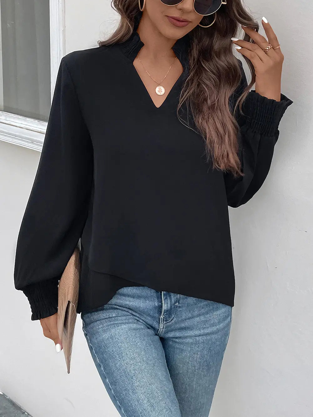 Perfee Smocked Notched Long Sleeve Blouse - Fashorio