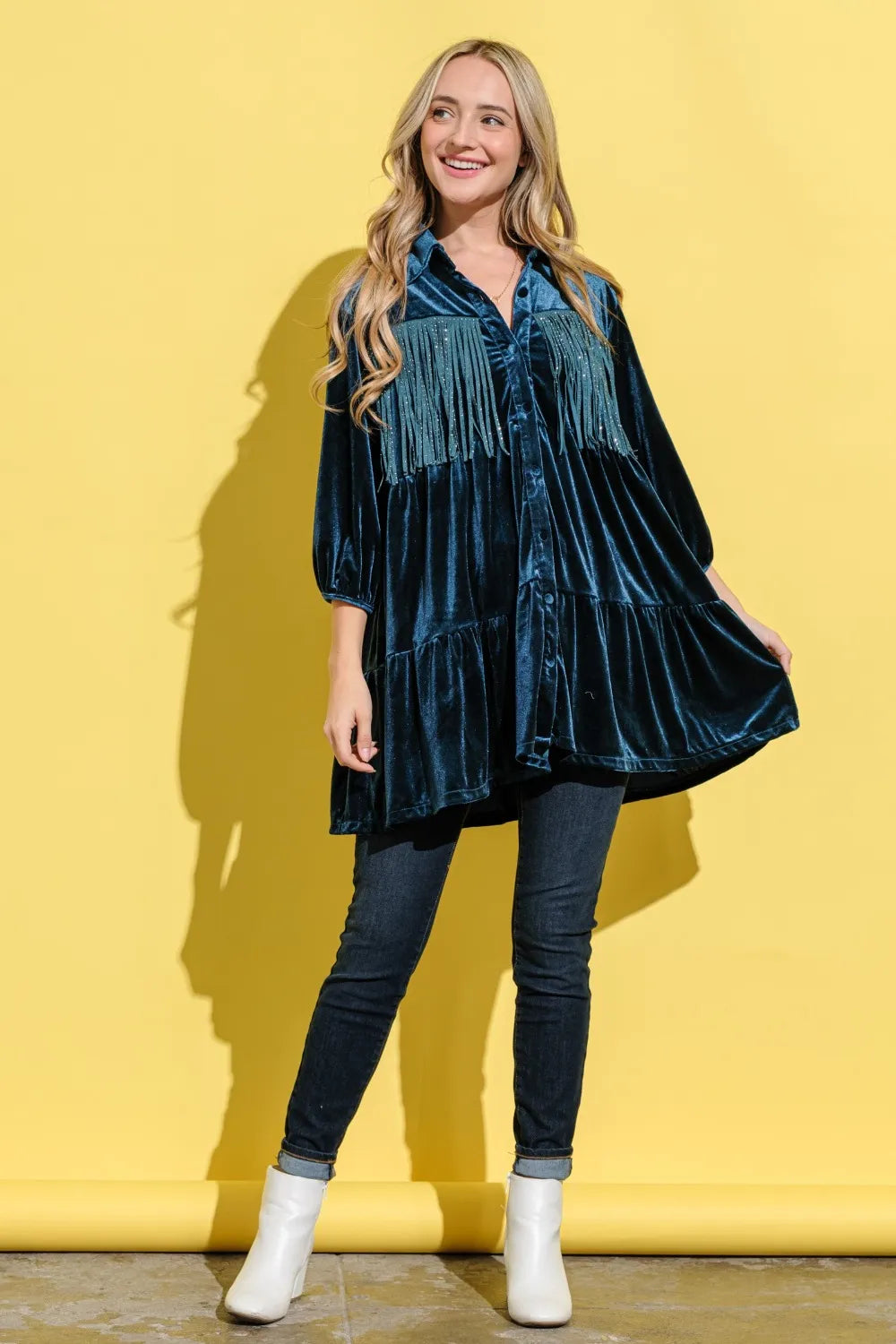 Fringe Detailed Velvet Shirt Dress styled look