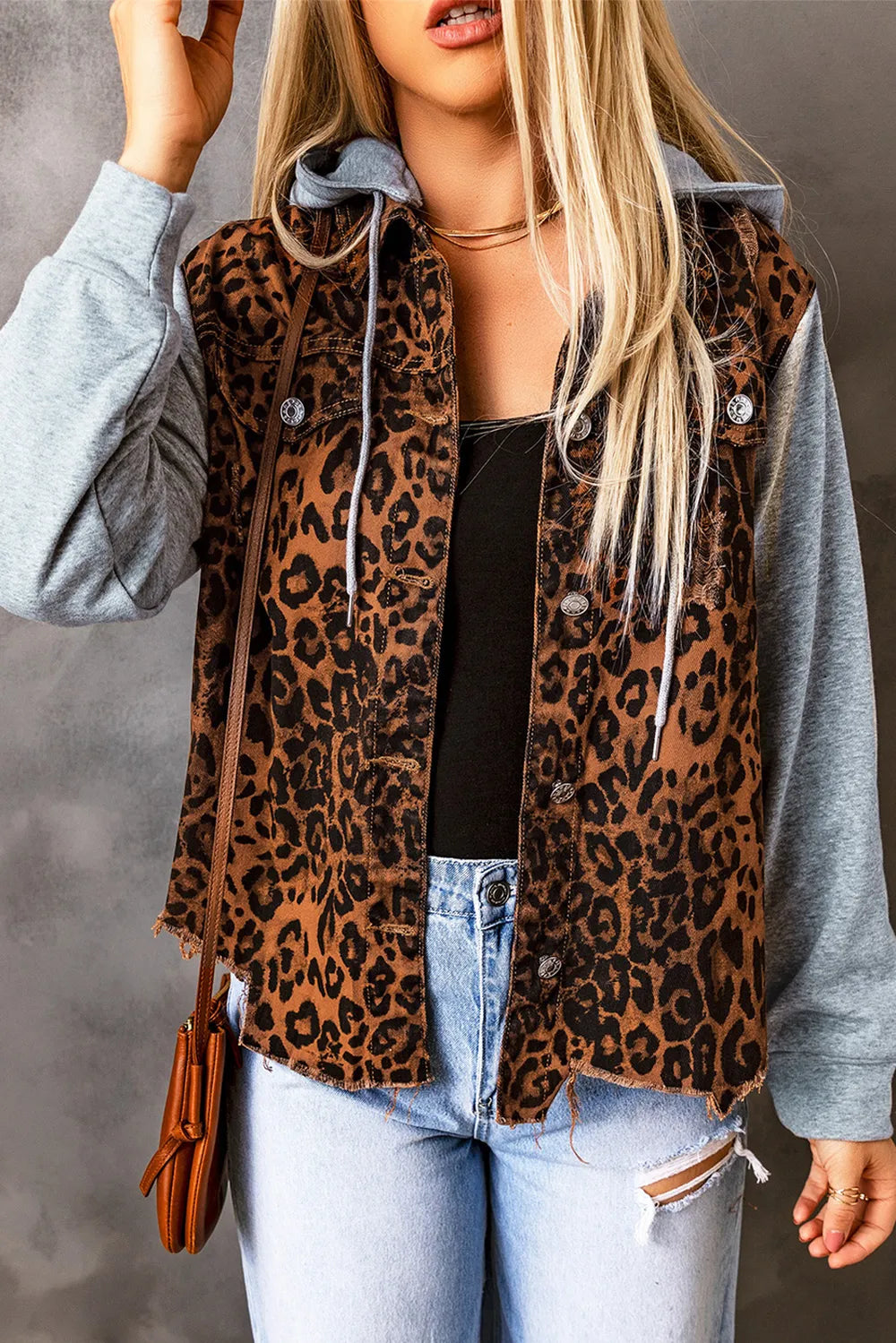 Leopard Distressed Drawstring Hooded Denim Jacket - Fashorio