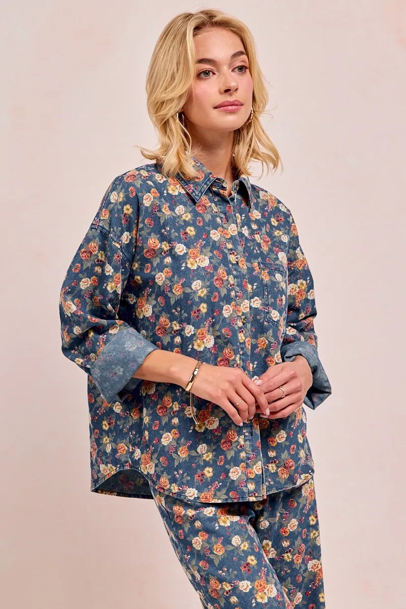 BiBi Washed Floral Print Denim Jacket - Fashorio