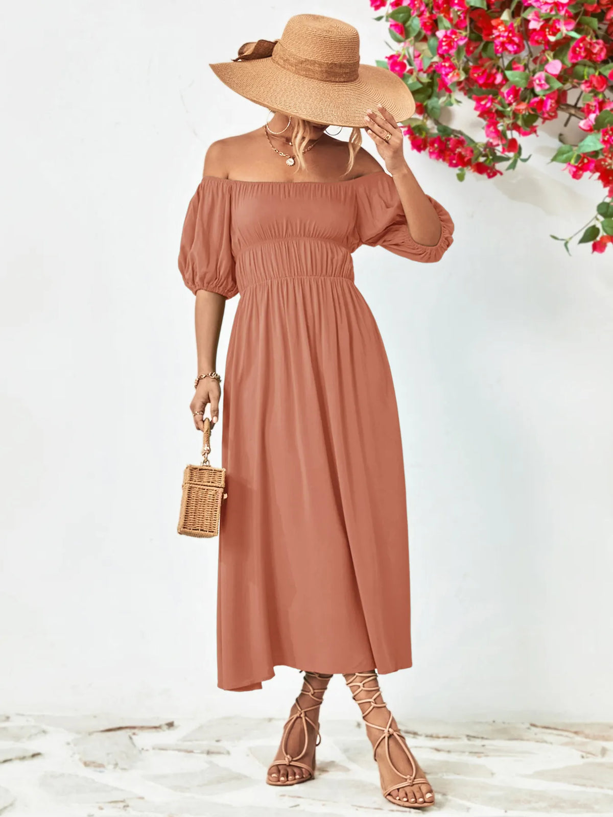 Off shoulder puff sleeve smocked maxi dress, hemline detail