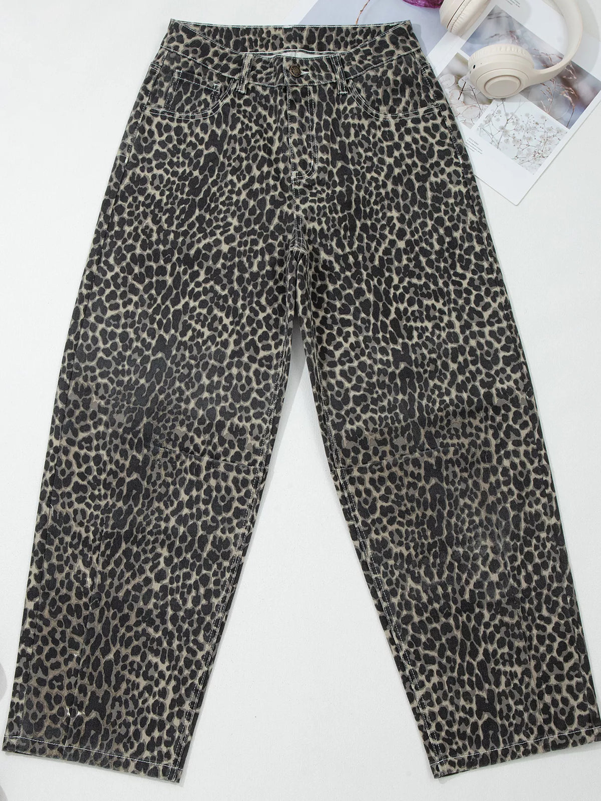 Back view of leopard print barrel jeans