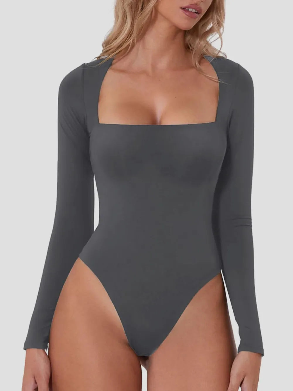 Square Neck Long Sleeve Bodysuit - Fashorio