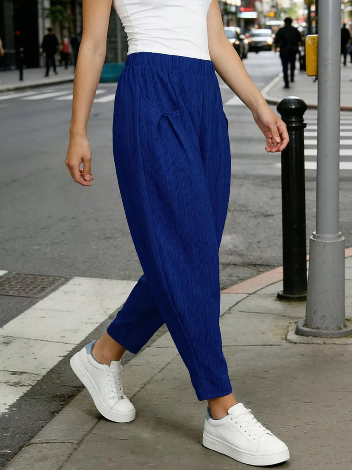 Plus size elastic waist harem pants, on model