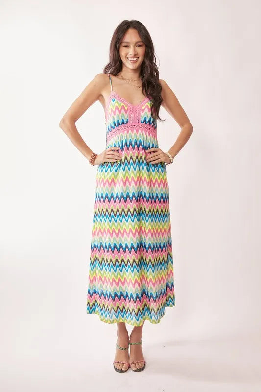 Crochet Lace Midi Dress in Pink and Blue side view