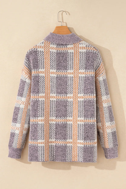 Plaid Button Up Collared Neck Cardigan - Fashorio