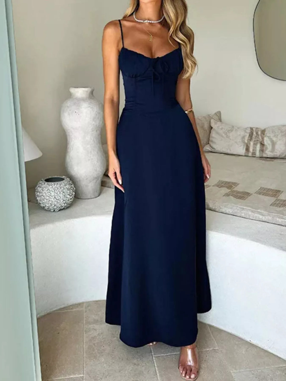 tie front spaghetti strap maxi dress fabric texture