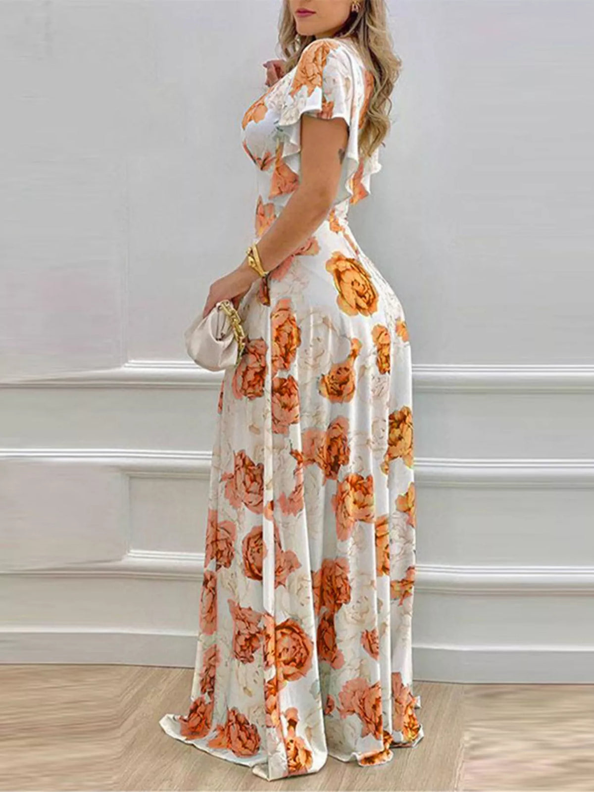 Floral V neck ruffle sleeve maxi dress back detail
