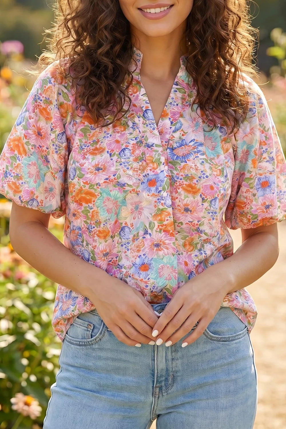 Floral print puff sleeve blouse, front view