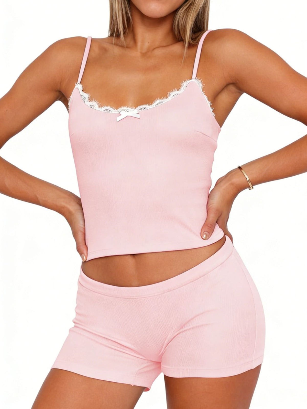 Contrast trim cami and shorts two piece lounge set front view