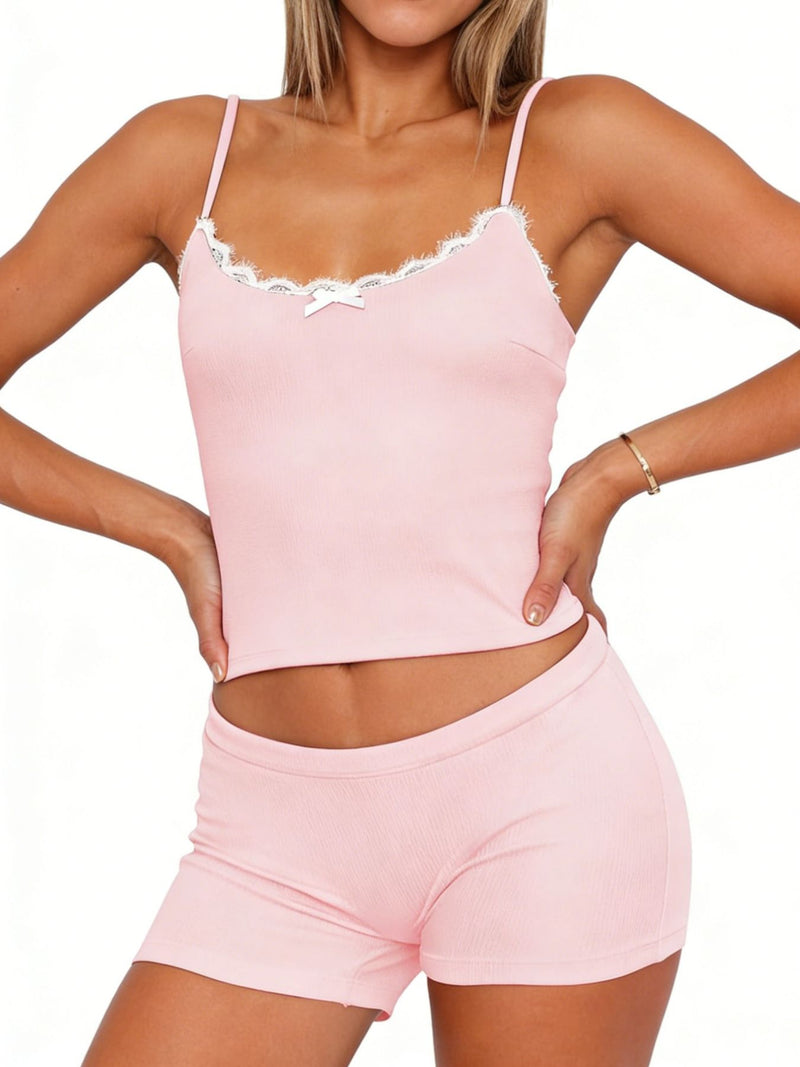 Contrast trim cami and shorts two piece lounge set front view