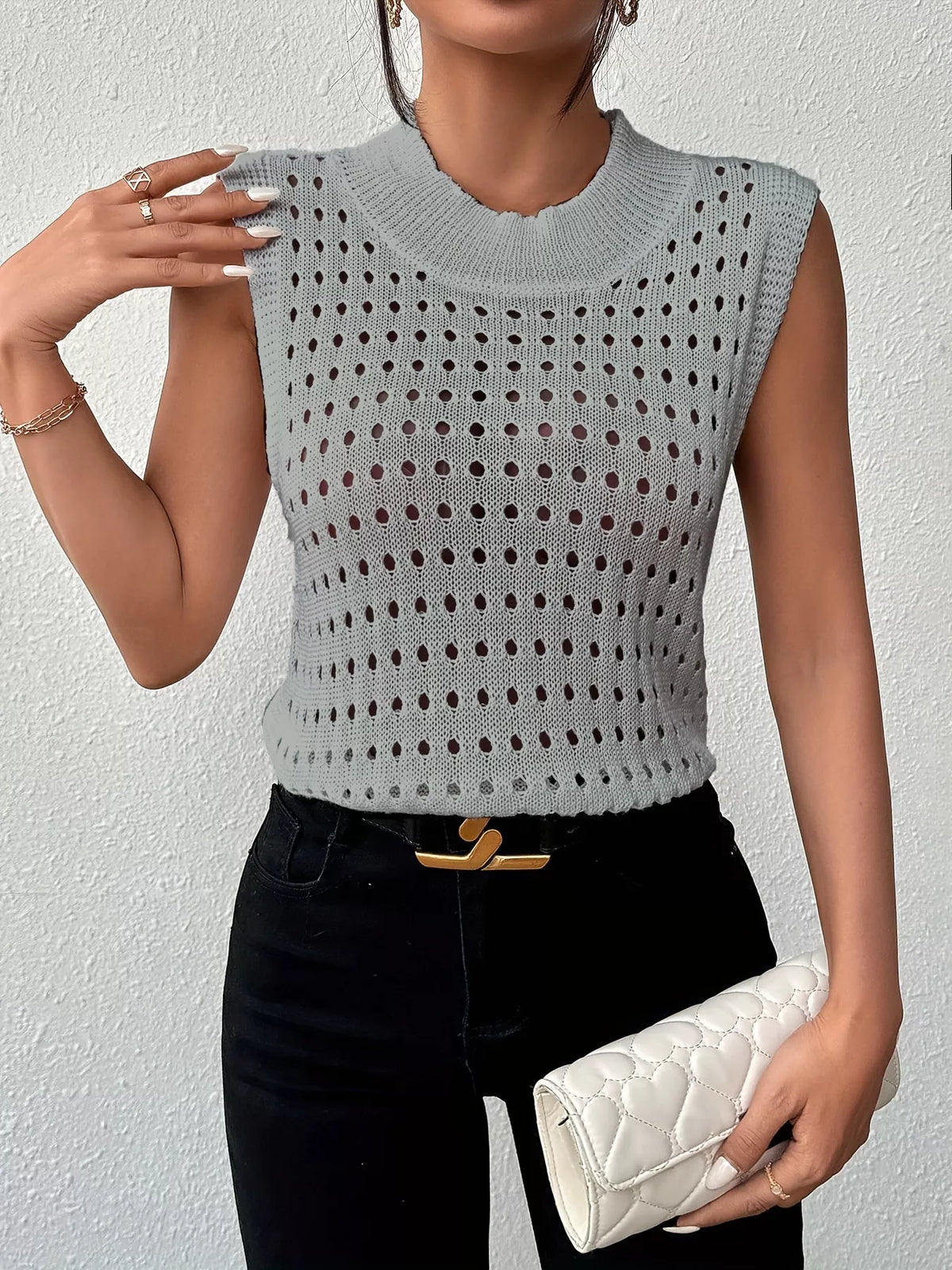 Openwork round neck knit tank side view