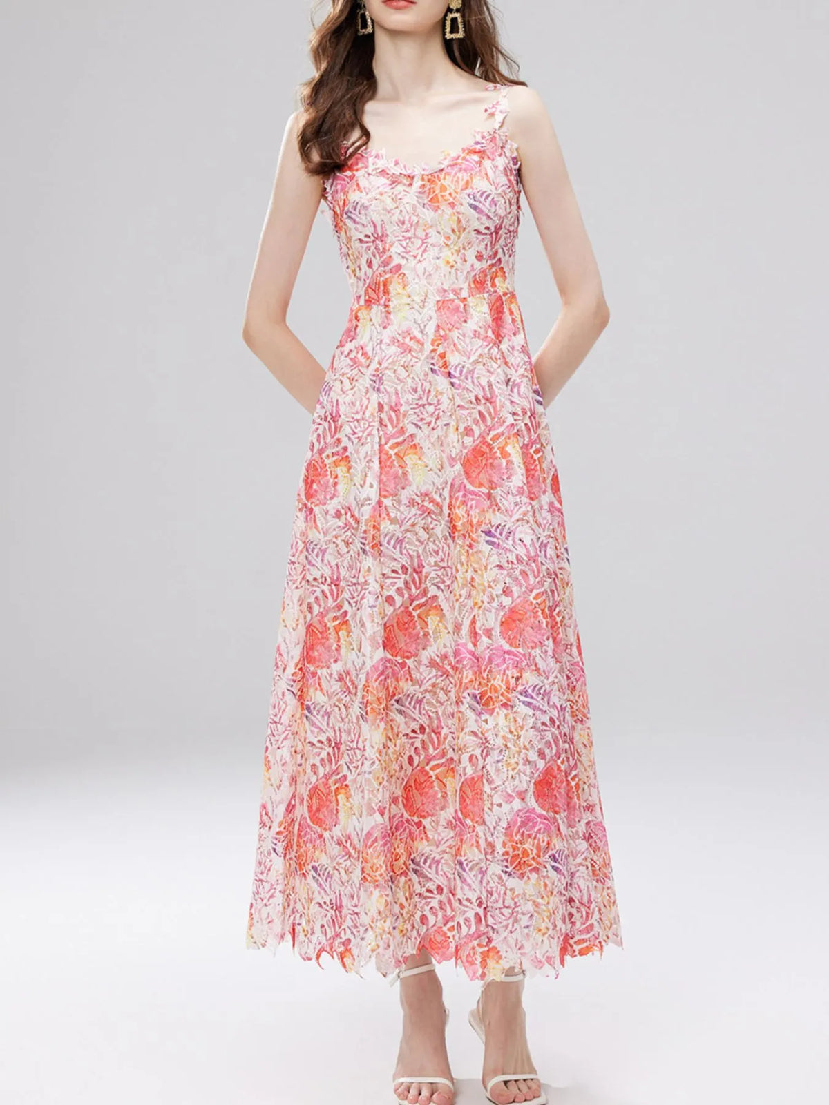 Floral Lace Sleeveless V Neck Midi Dress front view 21