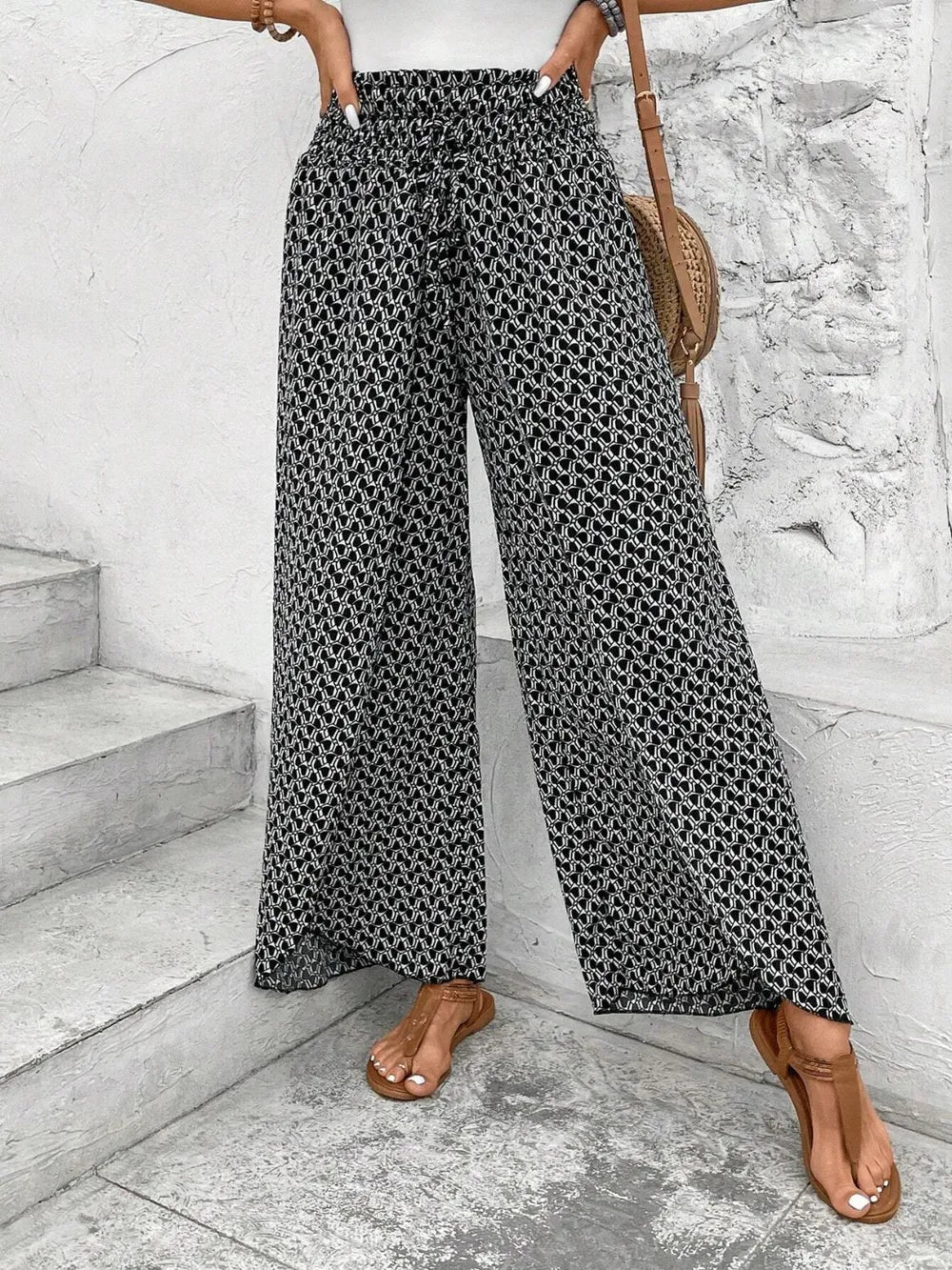 Tie waist wide leg pants slit detail