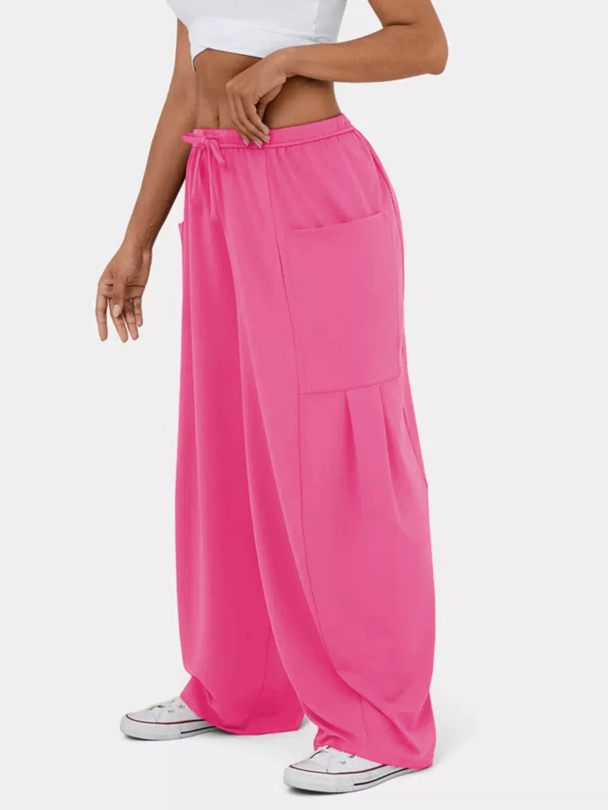 High waisted wide leg drawstring pants styled view