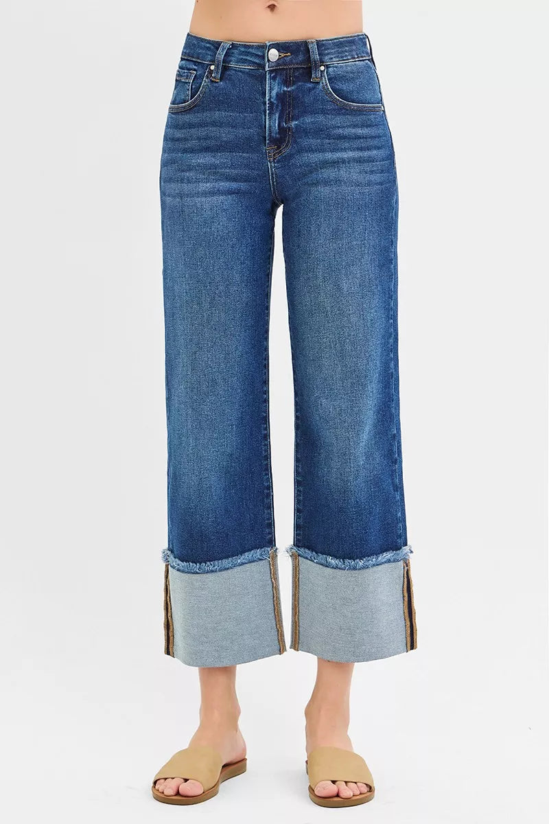RISEN mid rise cropped wide leg jeans front view