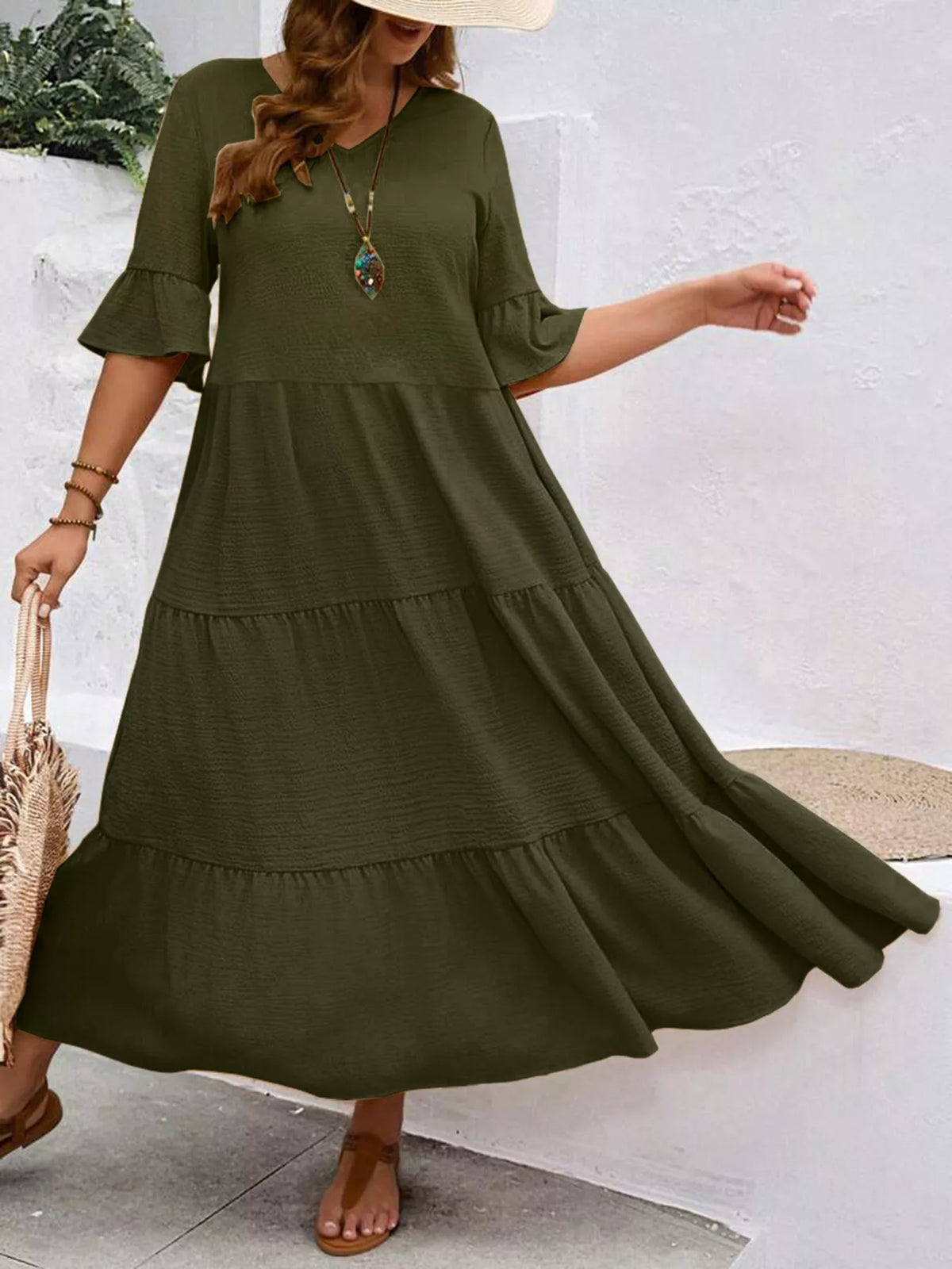Plus Size Ruffle Sleeve Tiered Midi Dress, view 9