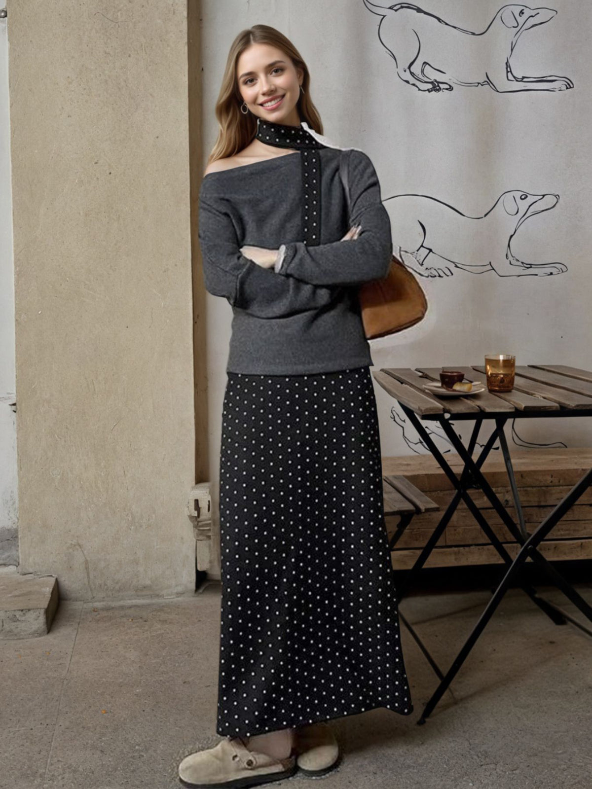 One shoulder top and polka dot skirt set front view