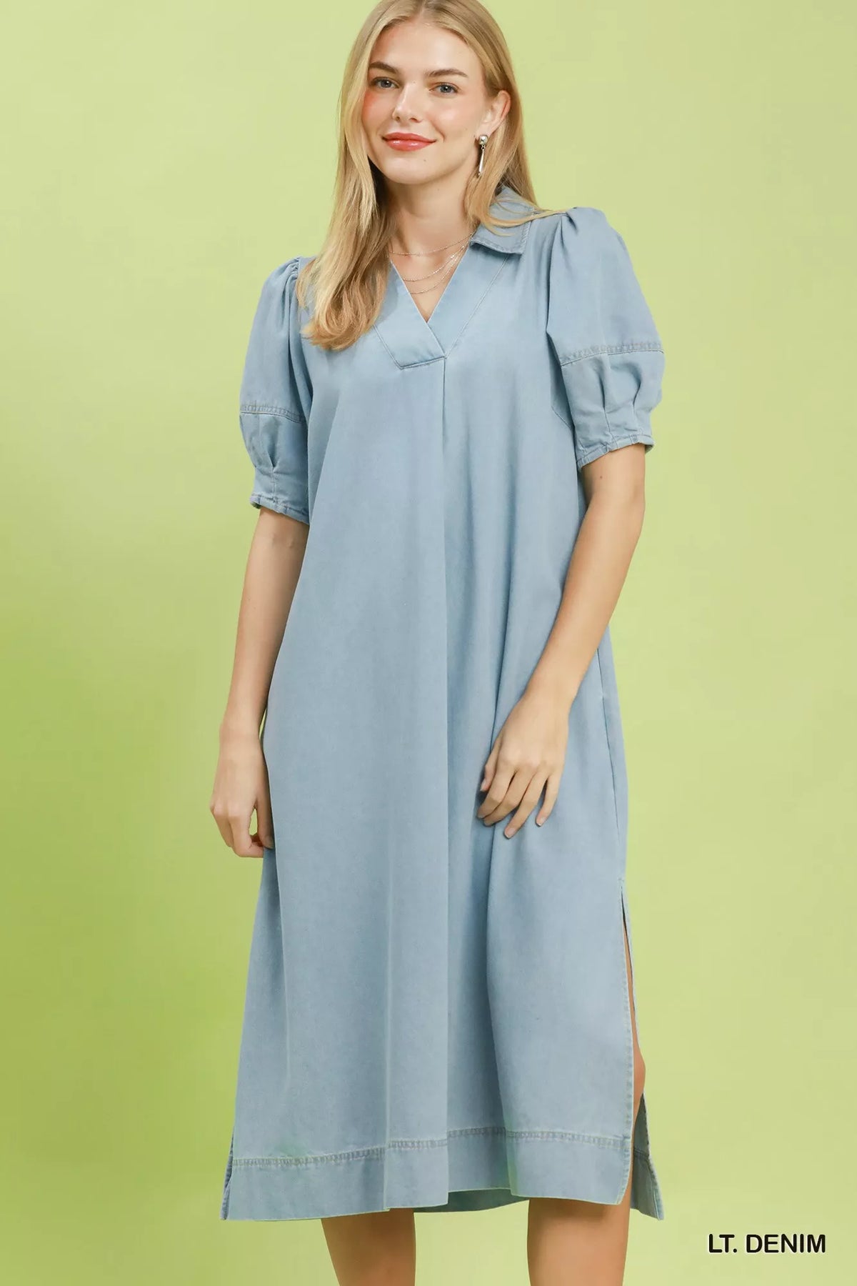 Light denim chambray collared puff sleeve dress front view