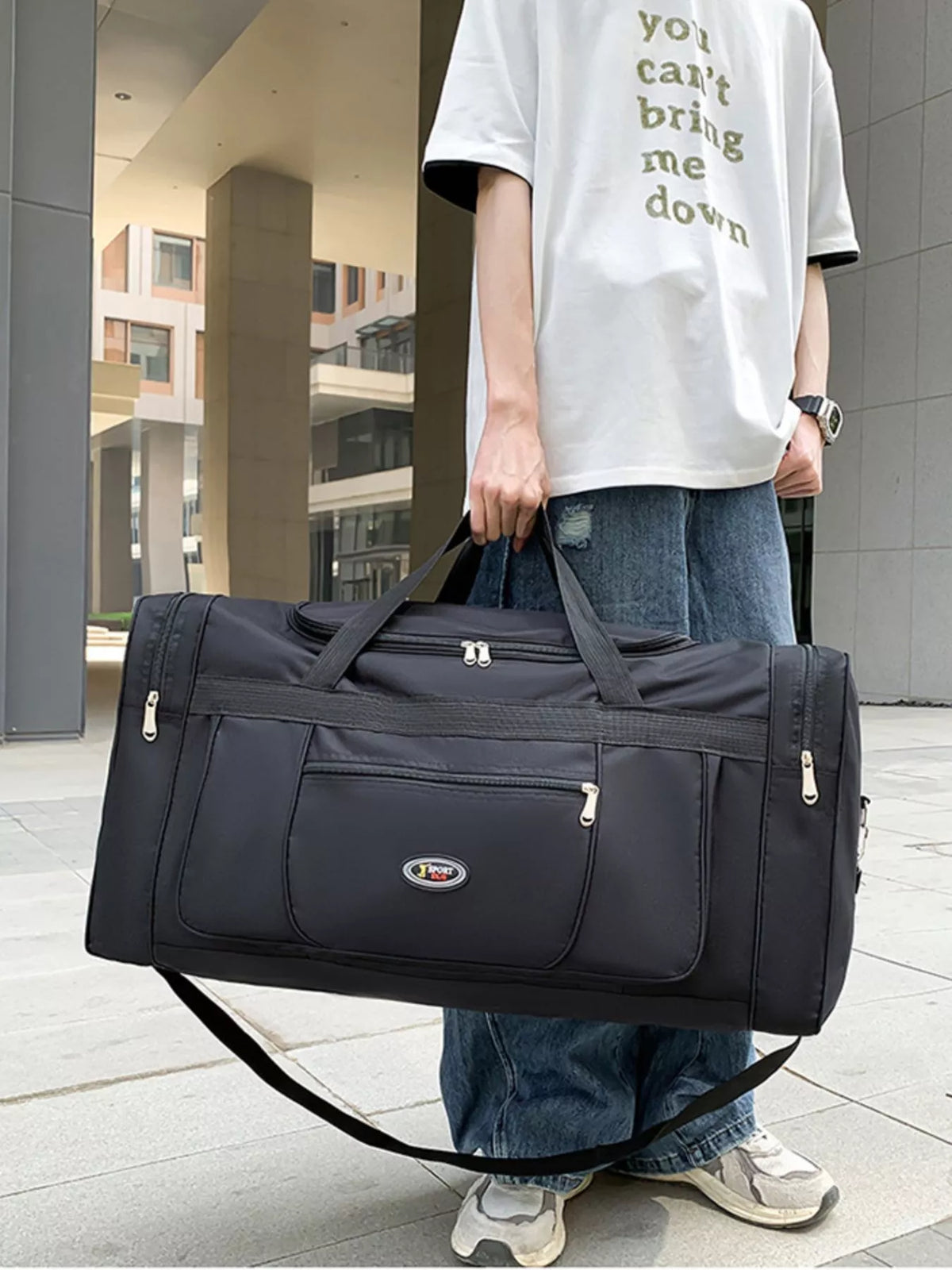 Black large capacity Oxford travel duffel front view