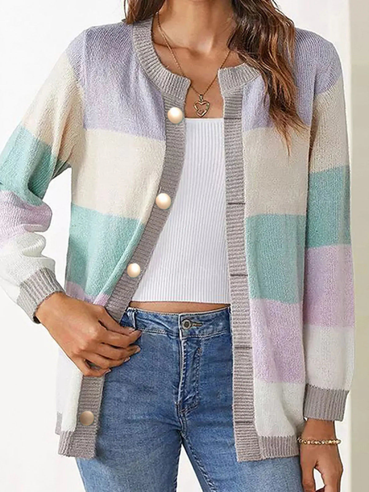 Color block button up knit cardigan, layered outfit