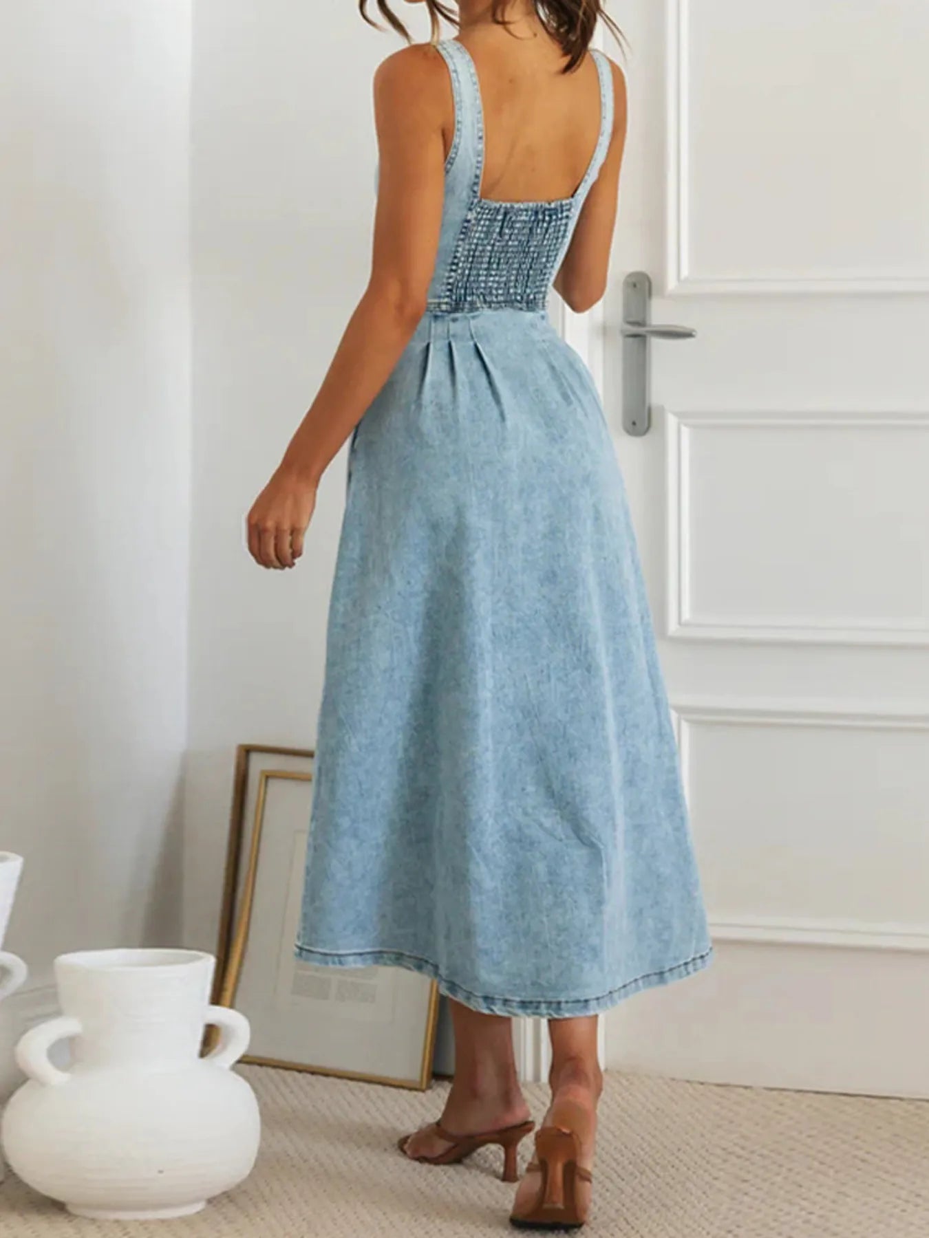 Sweetheart Neck Button-Front Midi Denim Dress - Fashorio