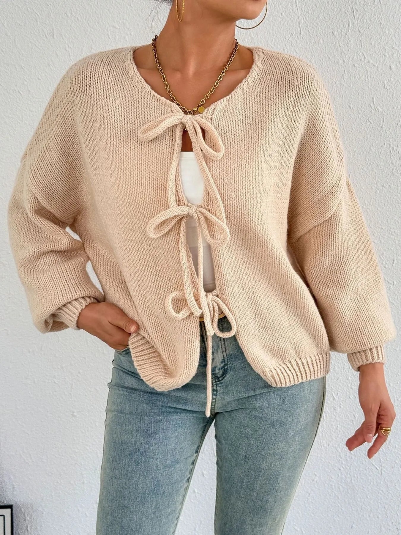 Cozy Bow-Tie Front Knit Cardigan Apricot - Fashorio