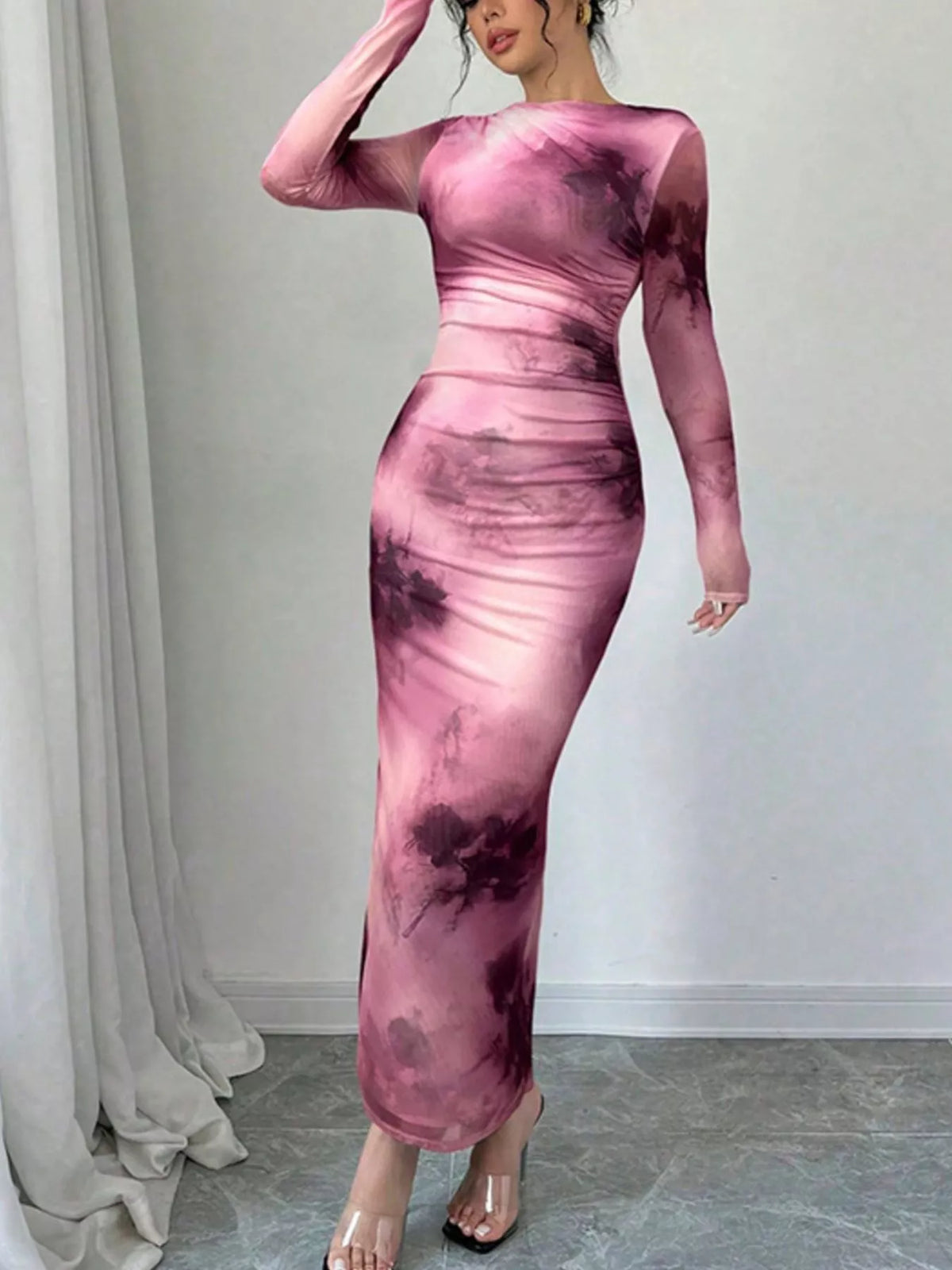 Tie dye ruched bodycon maxi dress side view