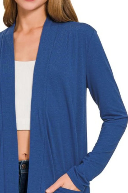 Zenana Slouchy Lightweight Open Front Pocket Cardigan - Fashorio
