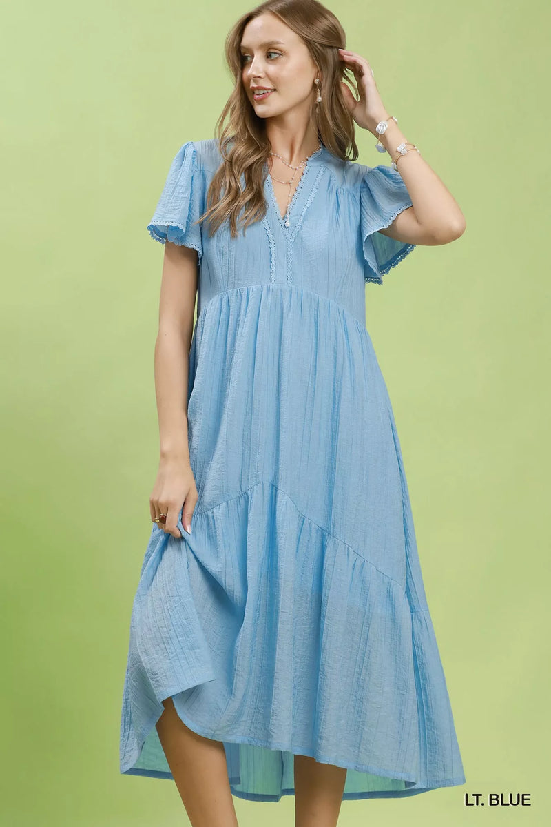 Light blue textured lace trim tiered midi dress front view