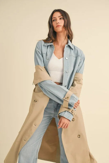MABLE Layered Look Trench Coat With Denim Jacket - Fashorio