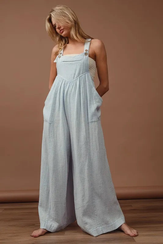 Vintage Washed Crinkle Gauze Wide Leg Overalls
