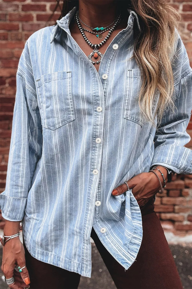 Striped boyfriend denim shacket in light blue front view