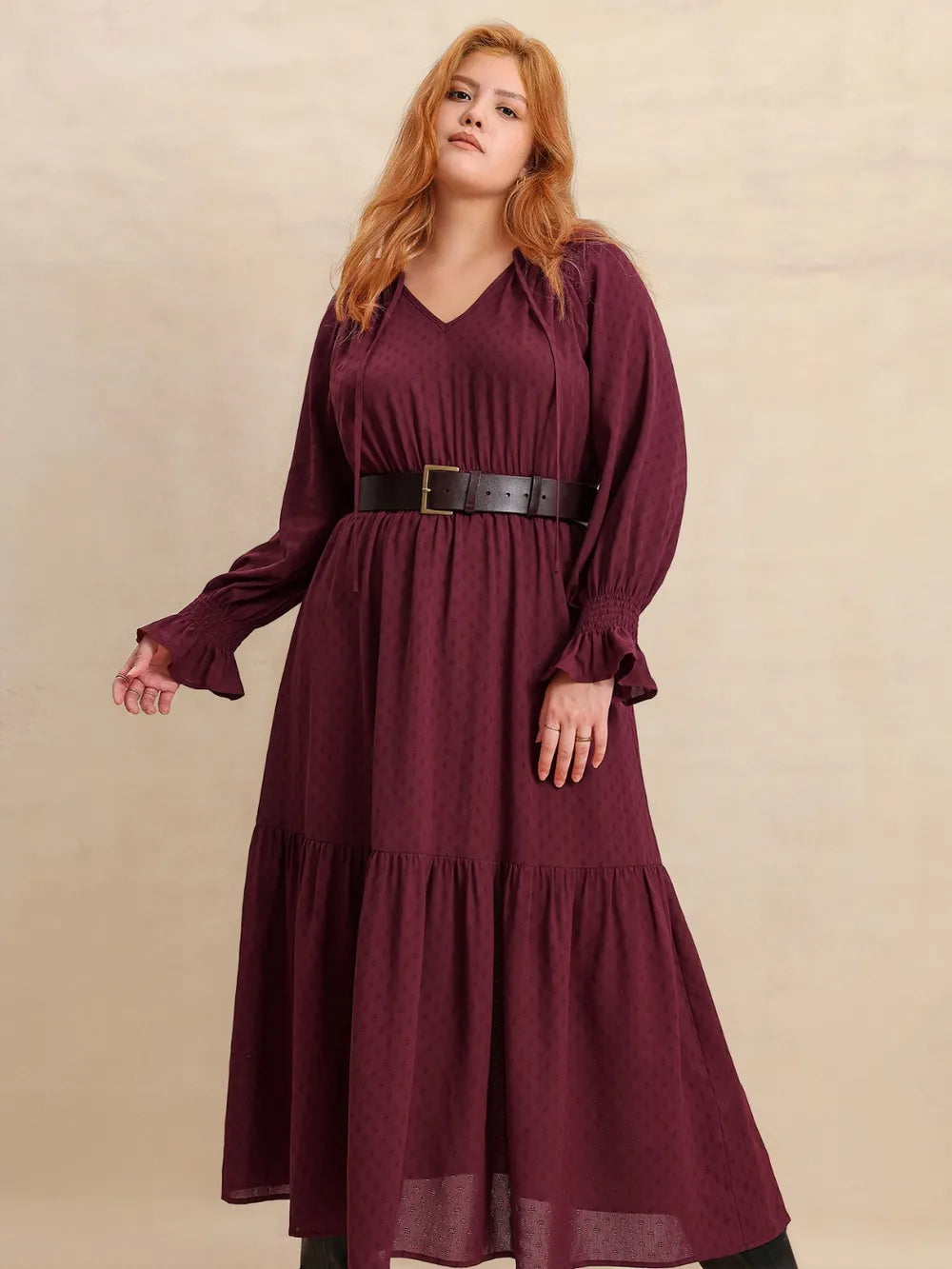 Swiss dot tie neck flounce maxi dress in burgundy full length view