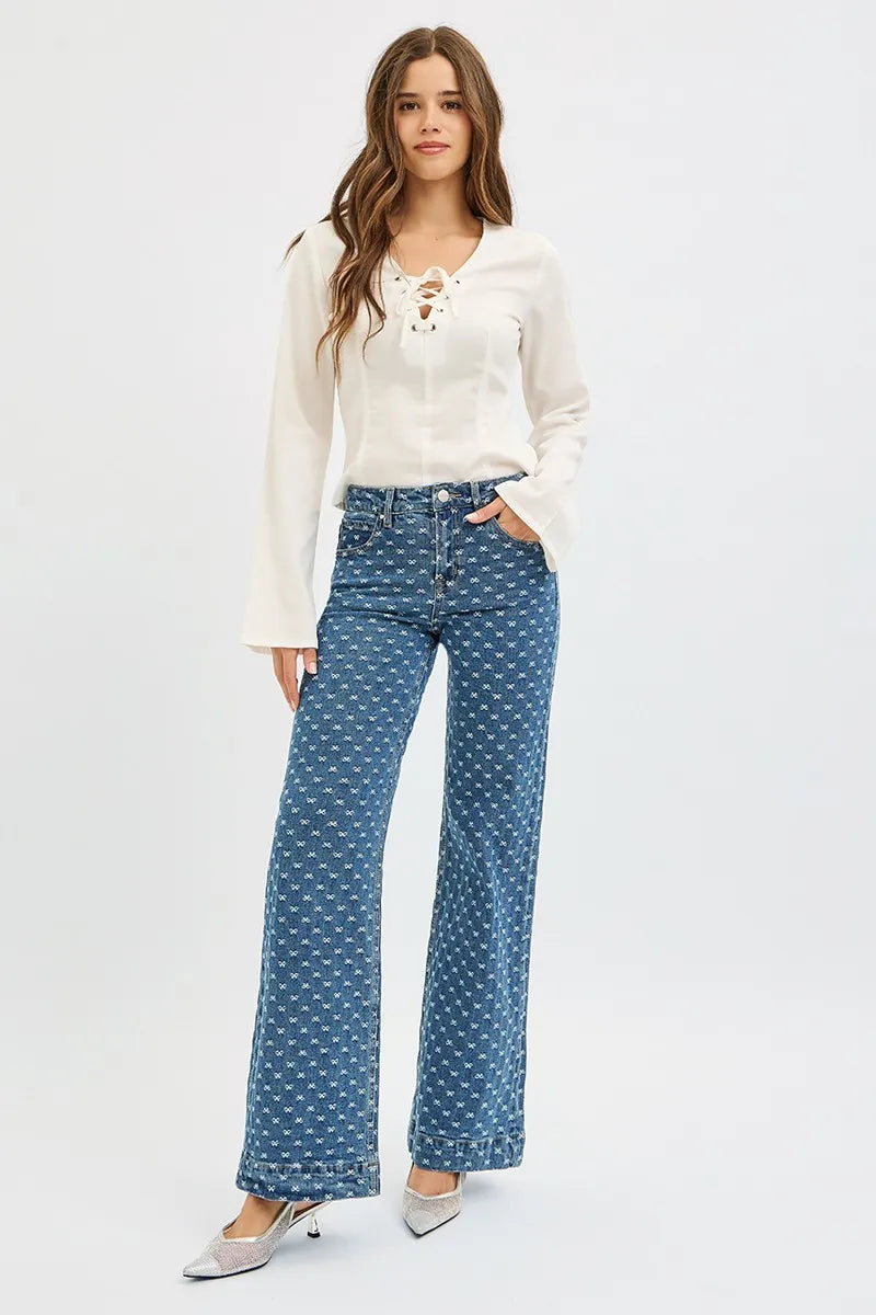 RISEN bow embroidered wide leg jeans full length view