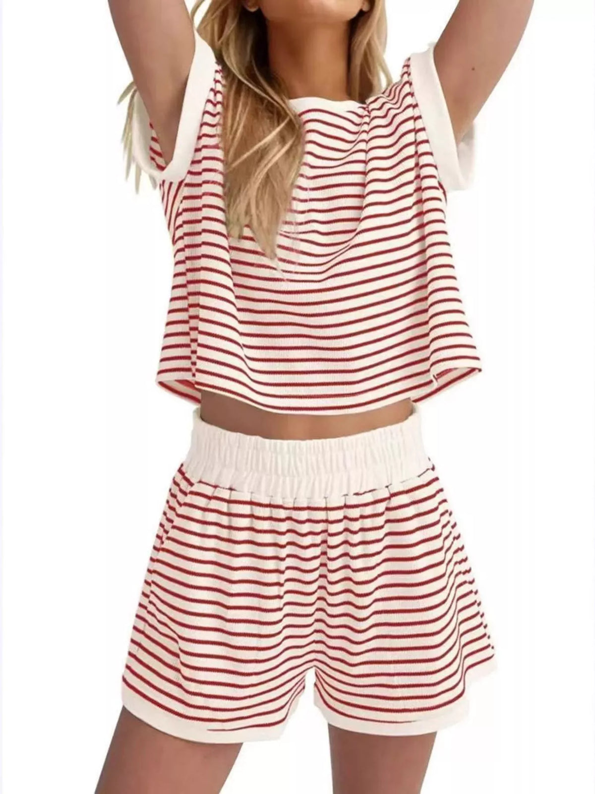 Striped Round Neck Top and Shorts Set Plus Size, view 15