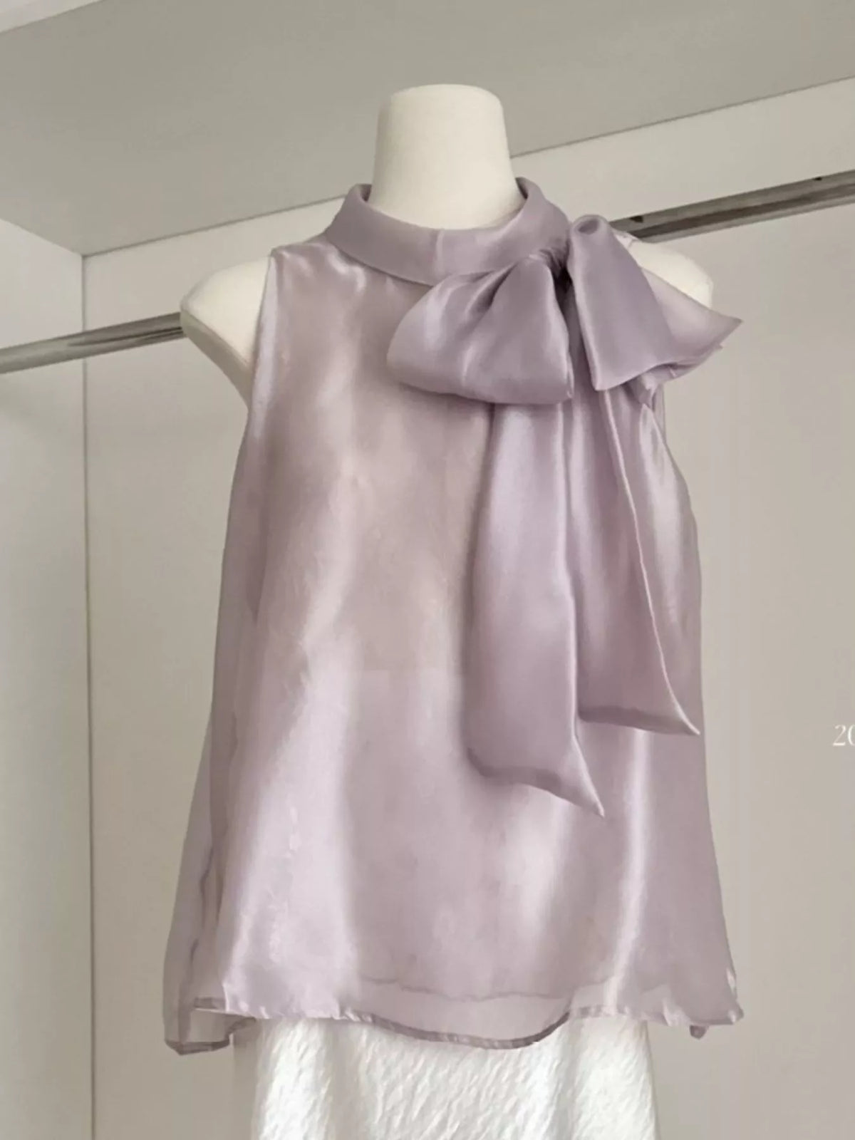 Bow chiffon sleeveless top, full length view