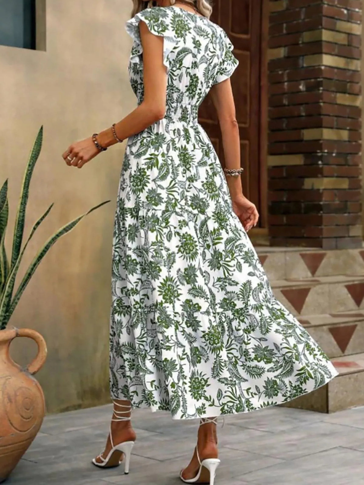 Floral print ruffle sleeve tiered midi dress detail view