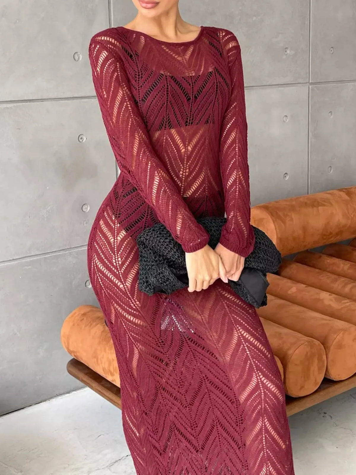 openwork knit long sleeve cover up maxi dress neckline detail