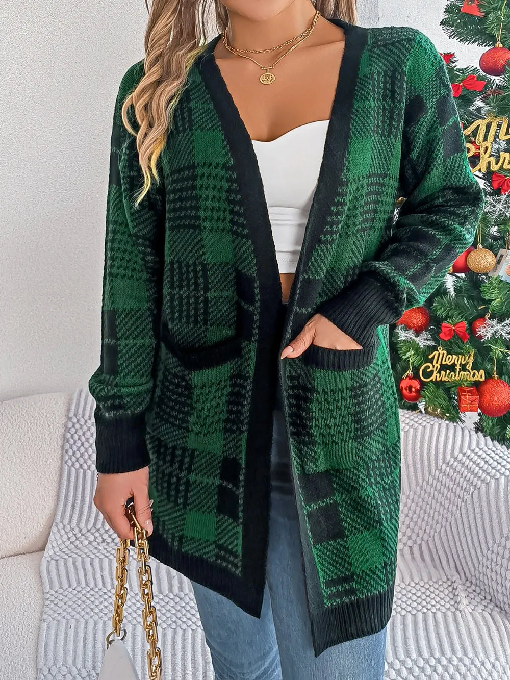 Plaid Open Front Long Sleeve Cardigan - Fashorio