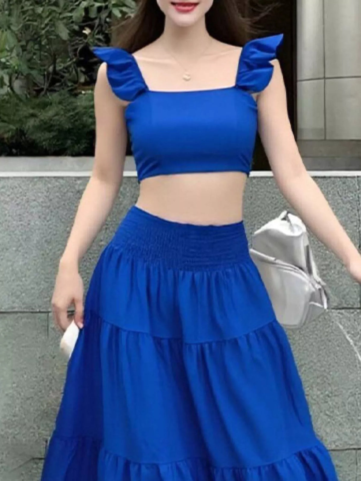 Crop top and tiered maxi skirt set overview